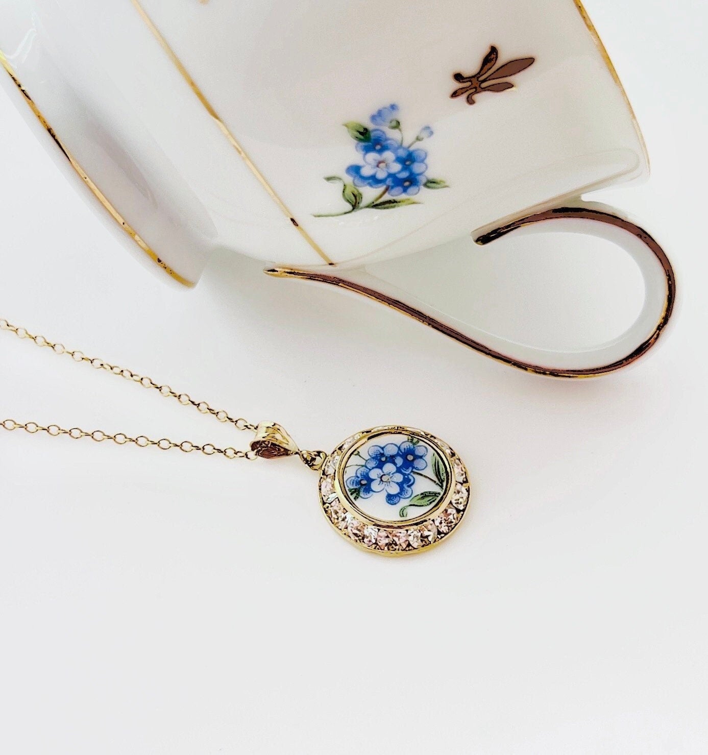 Blue Forget Me Not Necklace, Adjustable Gold Crystal Necklace, Vintage China Anniversary Gift for Girlfriend