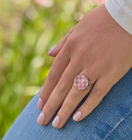 Vintage Pink Mother of Pearl Ring, Shell Jewelry, Sterling Silver Adjustable Rings for Women