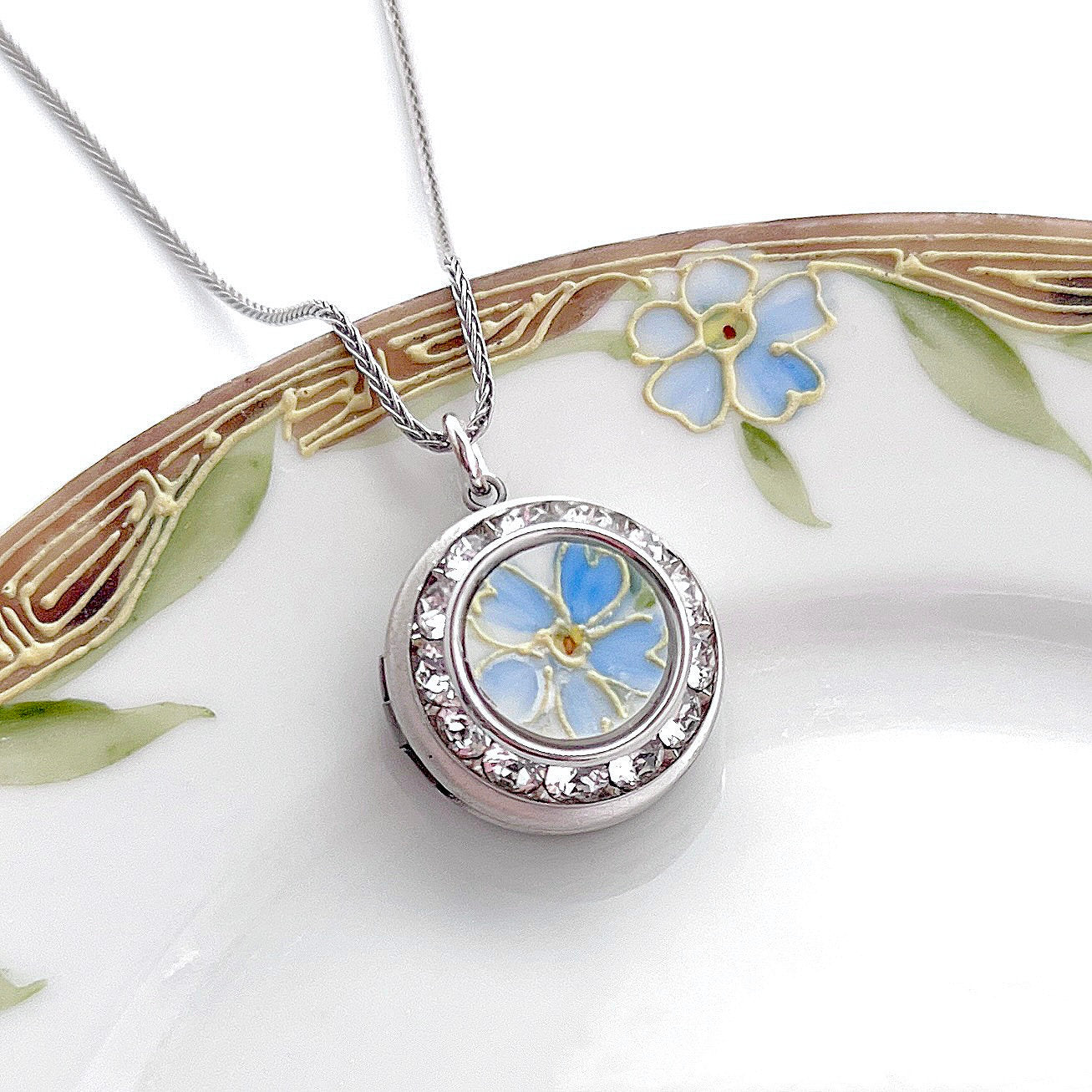 Forget Me Not Locket Necklace for Your Love, Girlfriend Gifts, Antique Porcelain, Crystal Jewelry