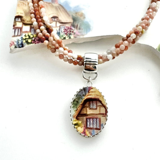 Vintage Irish Cottage Broken China Jewelry, Unique Celtic Gifts for Women, Triple Strand Opal Necklace