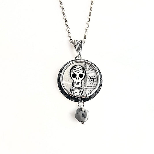 Halloween Skull Necklace, Jet Black Crystal Halloween Jewelry, Spooky Jewelry, Broken China Jewelry, Skeleton Necklace