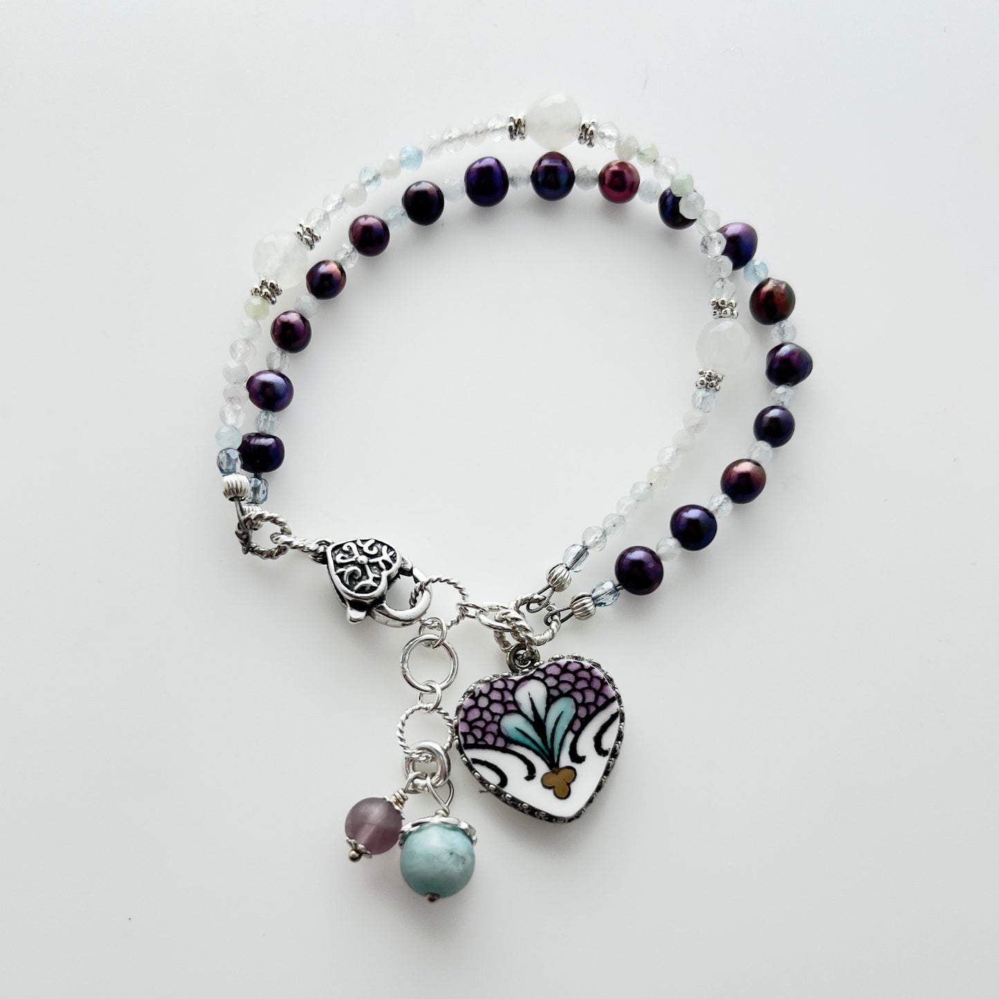 Heart Charm Bracelet & Earrings Set, Broken China Jewelry, Unique Anniversary Gifts for Women
