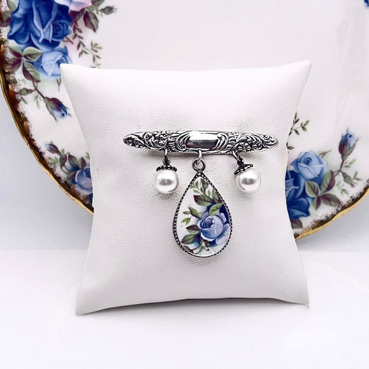 Moonlight Rose Pearl Pin, Broken China Jewelry, Sterling Silver, Unique 20th Anniversary Gifts for Wife, Royal Albert, Victorian Brooch