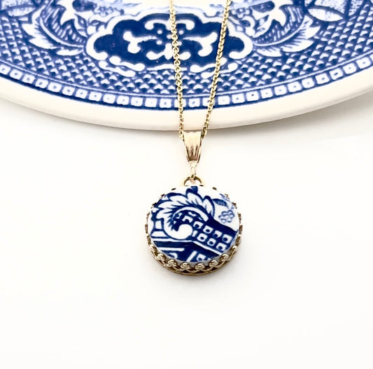 14k Solid Gold Blue Willow Pendant or Necklace, Vintage Broken China Jewelry, 20th Anniversary Gift for Wife