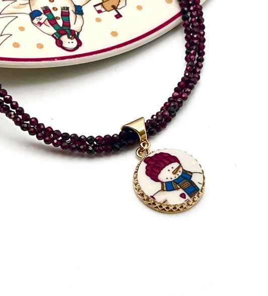 14k Gold Snowman Necklace, Garnet Broken China Jewelry, Unique Christmas Gift for Women
