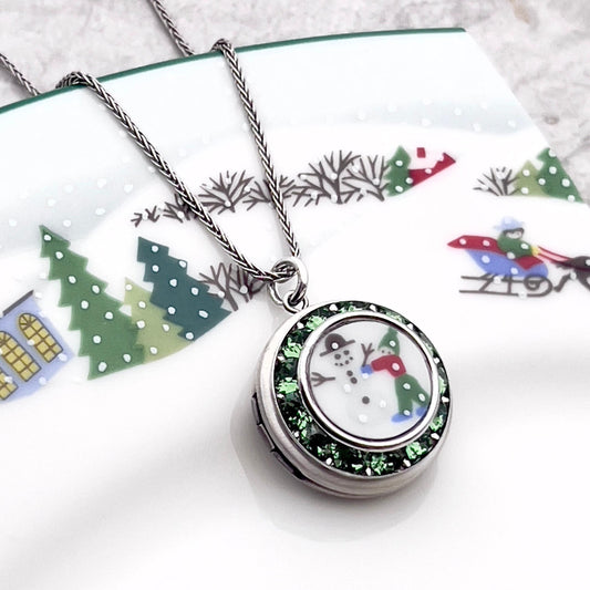 Adjustable Photo Locket Necklace, Crystal Snowman Necklace, Christmas Broken China Jewelry, Gifts for her