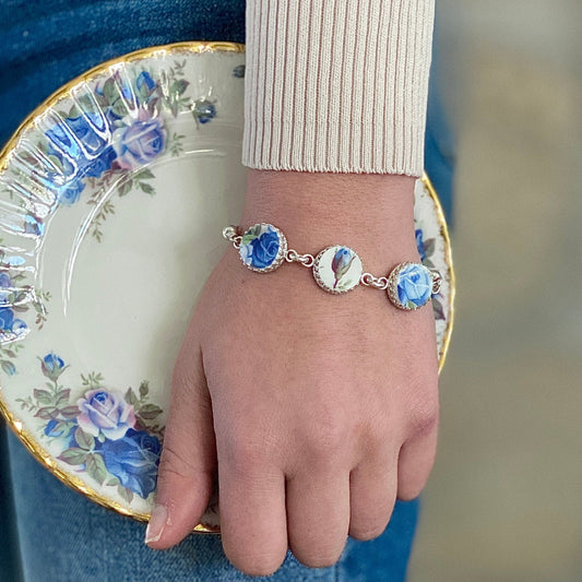 Dainty Royal Albert Moonlight Rose China Bracelet, 20th Anniversary Broken China Jewelry Gift for Wife
