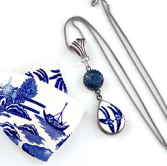 Lapis Lazuli 9th Anniversary Gift for Wife, Blue Willow Love Birds Broken China Jewelry