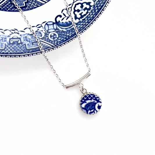 Dainty Blue Willow Bar Necklace, Broken China Jewelry, Unique Handmade Jewelry Gifts