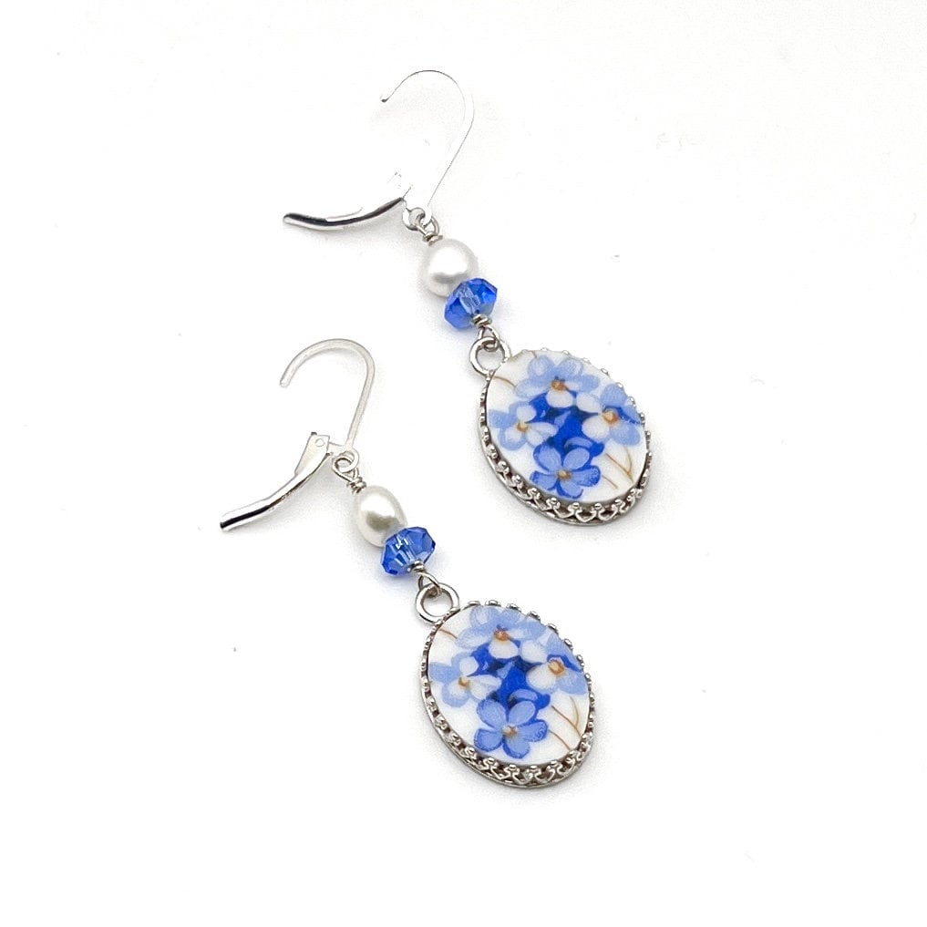 Forget Me Not Sapphire and Pearl Earrings, Blue Flower Broken China Jewelry, 18th and 20th Anniversary Gifts for Her, Romantic Gift for Wife