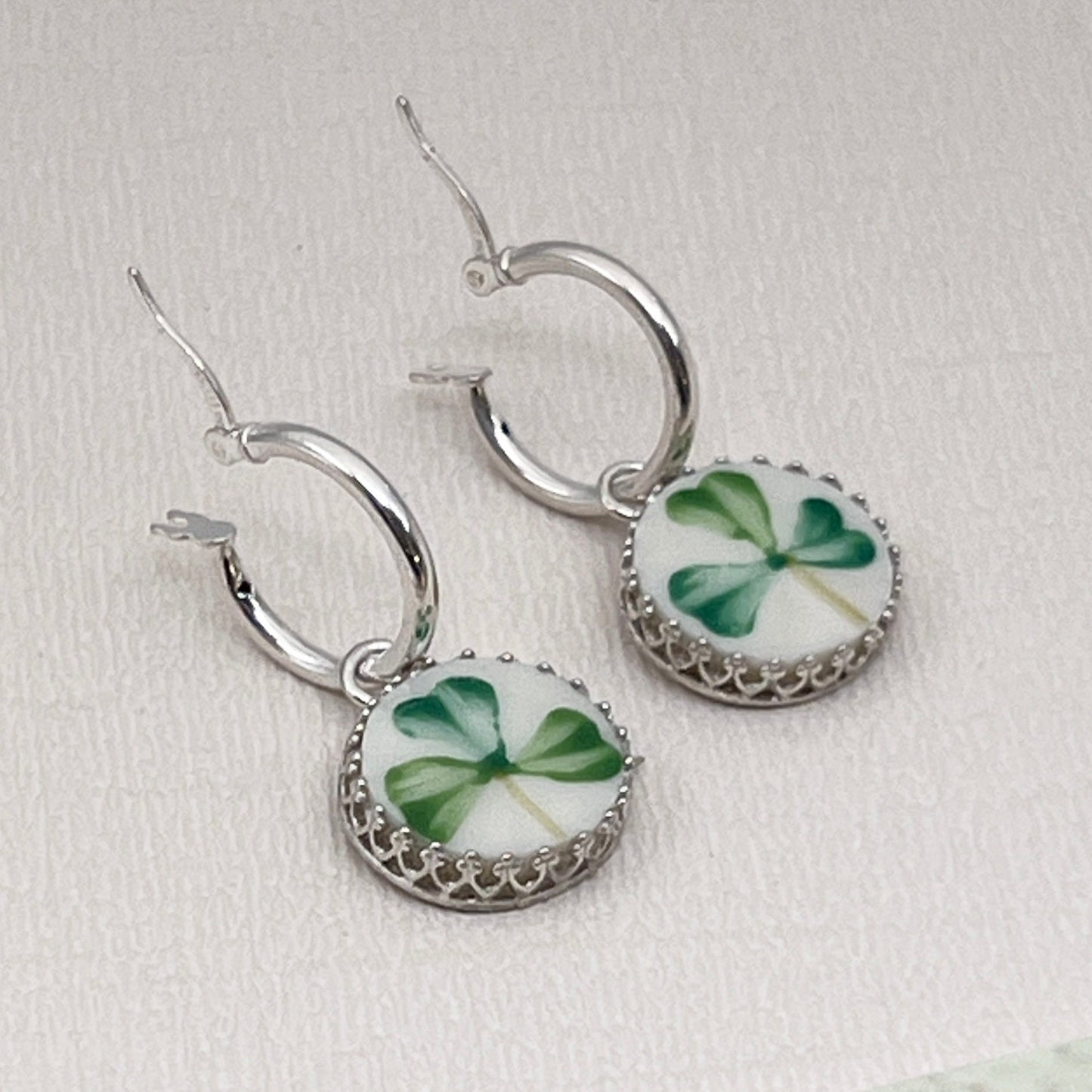 Sterling Silver Shamrock Hoop Earrings, Vintage Broken China Jewelry, Anniversary Gifts for Her, Irish Jewelry Gift