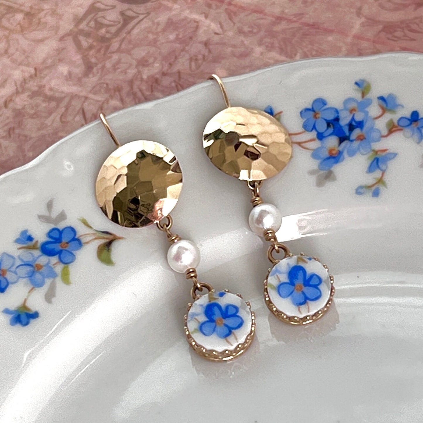 14k Solid Gold Forget Me Not Earrings, Hammered Gold, Broken China Jewelry, 20th Anniversary Gift for Wife