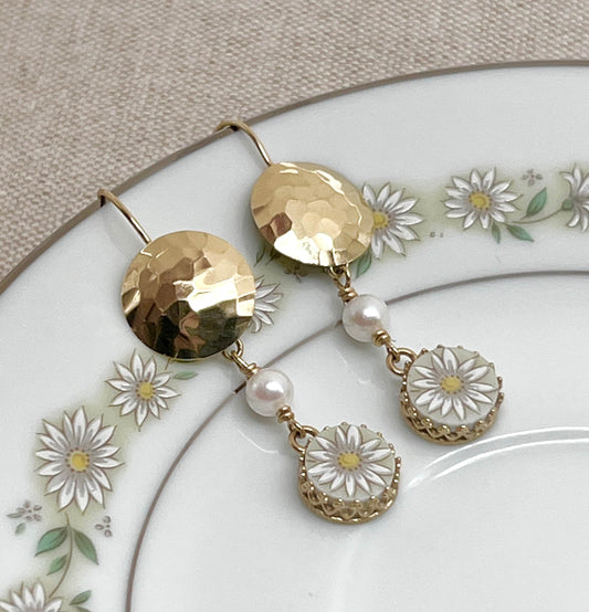 14k Solid Gold Daisy Earrings, Hammered Gold, Pearl Earrings, Broken China Jewelry, 20th Anniversary Gift for Wife