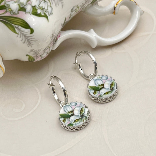 Dainty Lily of the Valley Hoop Earrings, Unique Broken China Jewelry Anniversary Gifts for Her