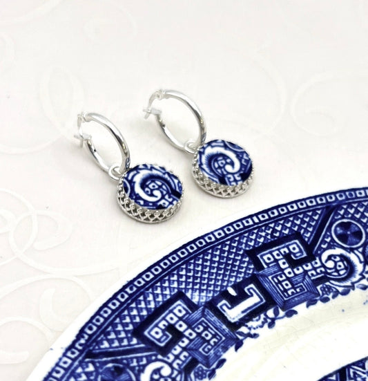 Dainty Blue Willow Hoop Earrings, Unique Broken China Jewelry Anniversary Gifts for Her