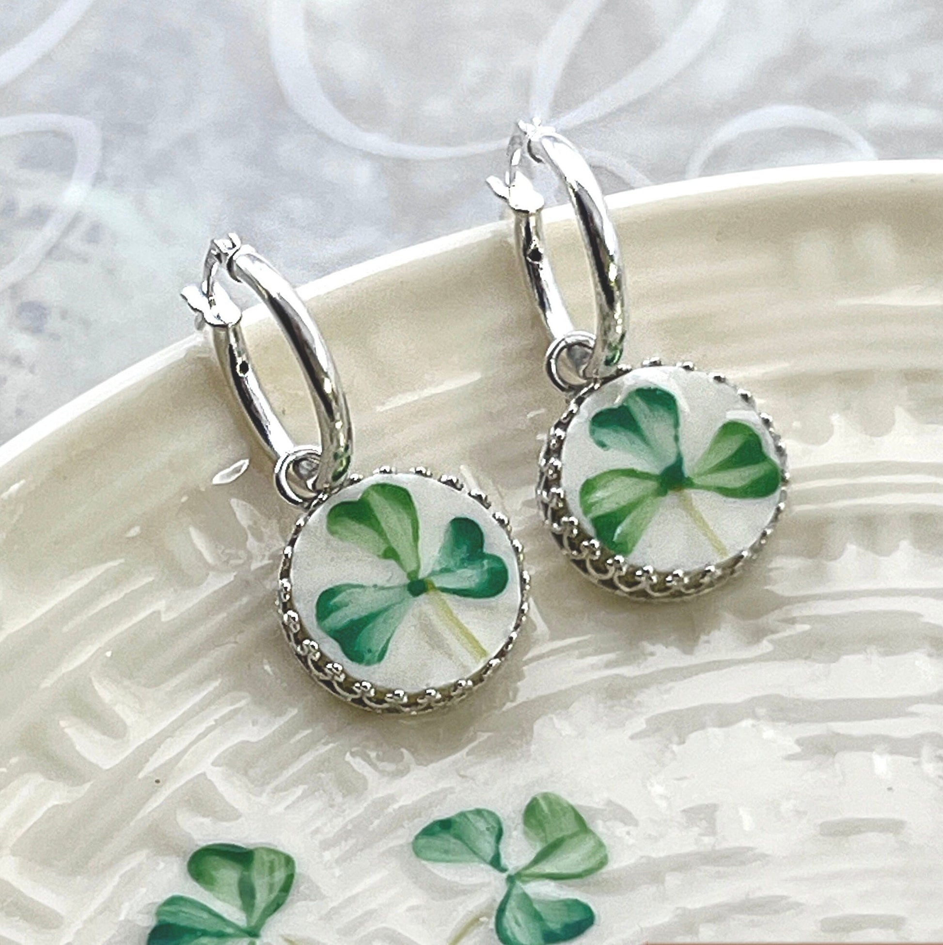 Sterling Silver Shamrock Hoop Earrings, Vintage Broken China Jewelry, Anniversary Gifts for Her, Irish Jewelry Gift