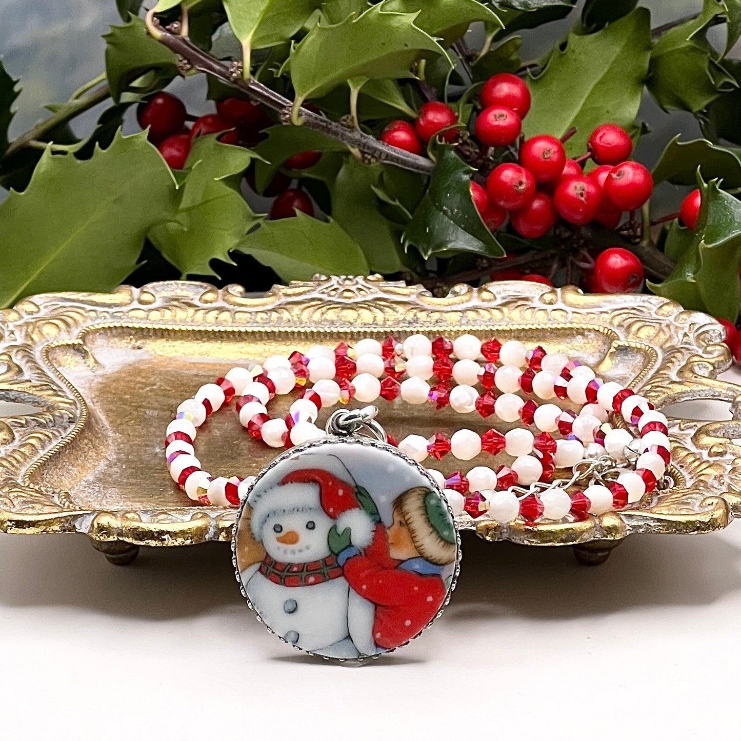 Making a Snowman, Broken China Jewelry, Pearl Beaded Necklace, Unique Christmas Jewelry Gifts for Women