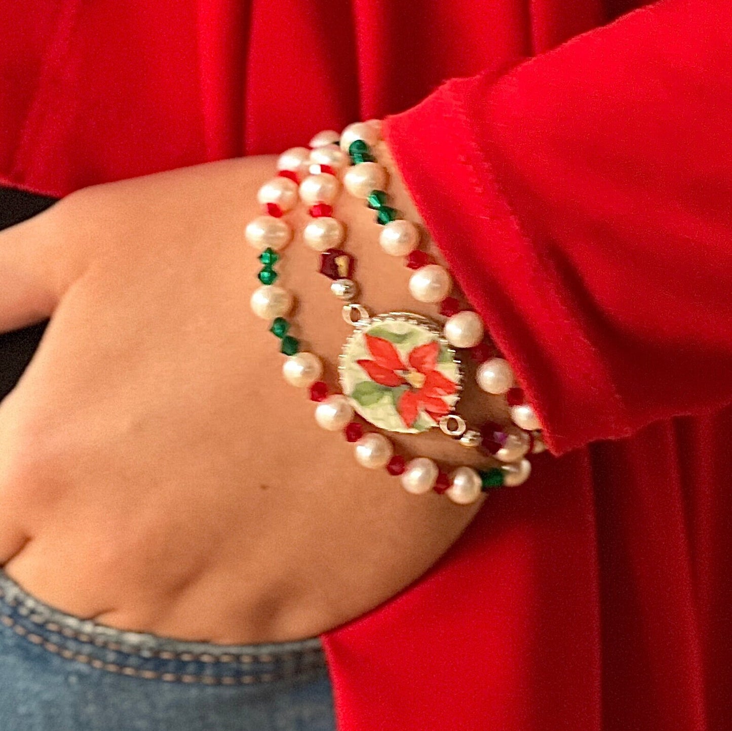 Poinsettia Red and Green Beaded Wrap Bracelet, Broken China Jewelry, Pearl Gifts for Her