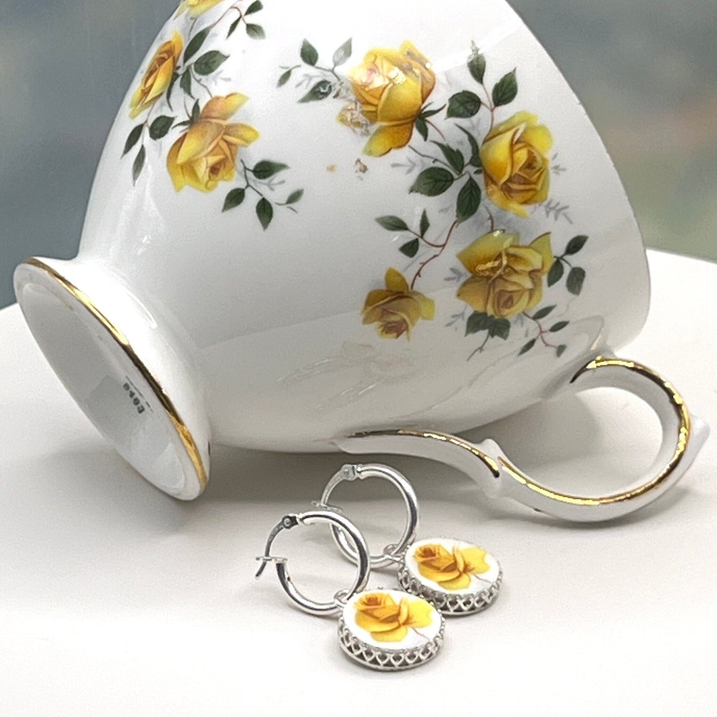 Yellow Rose Friend Gift, Unique Sterling Silver Hoop Earrings, Friendship Flower, Broken China Jewelry