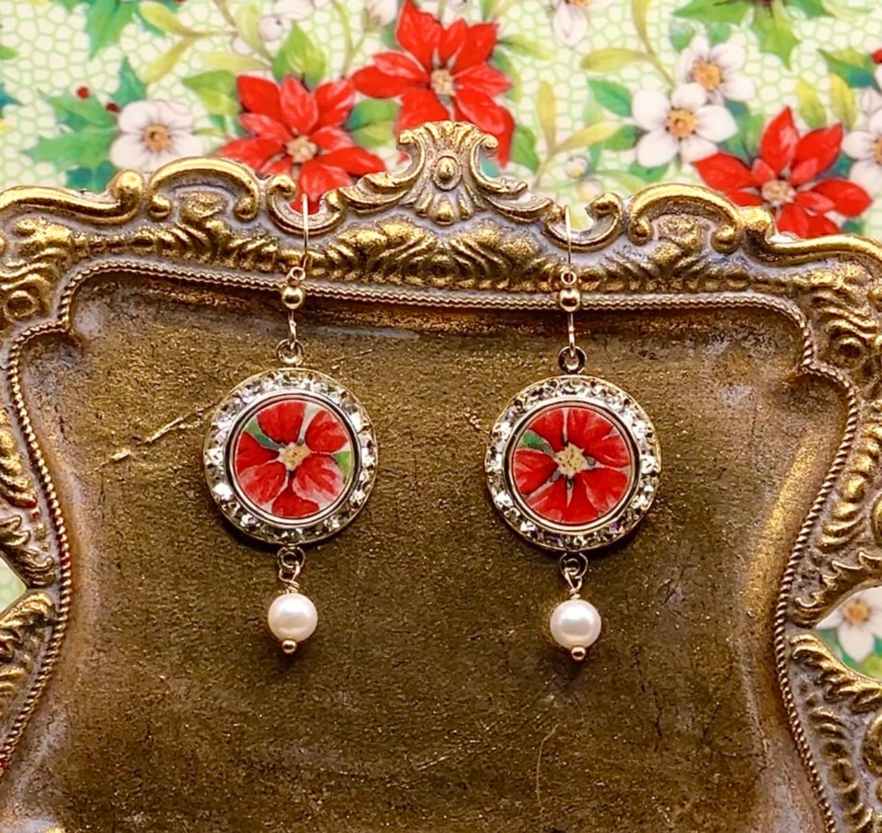 Gold Crystal Earrings, Shabby Chic Broken China Jewelry, Red Poinsettia Pearl Earrings