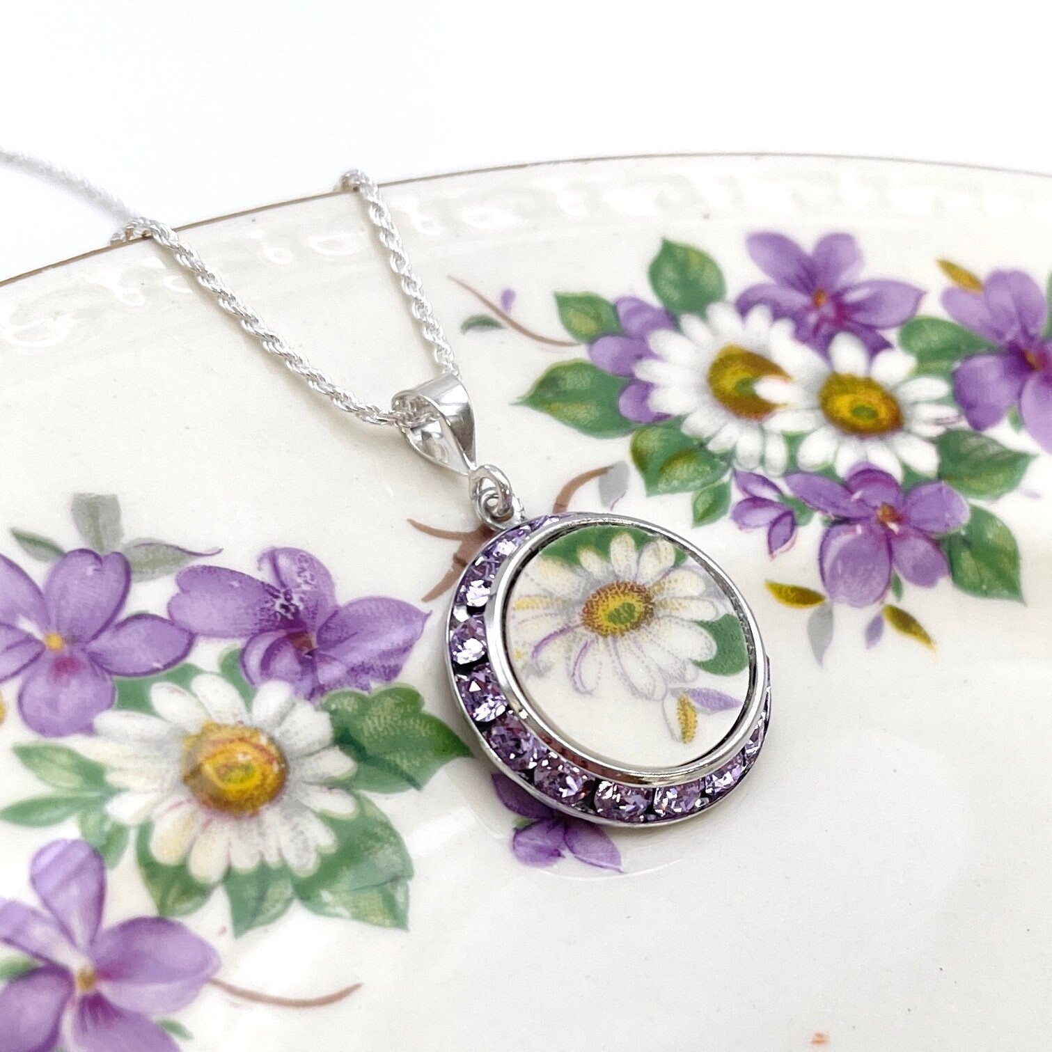 Broken China Jewelry Pendant Necklace, Crystal Daisy Necklace, Unique Gifts for Women, Birthday Gift for Her