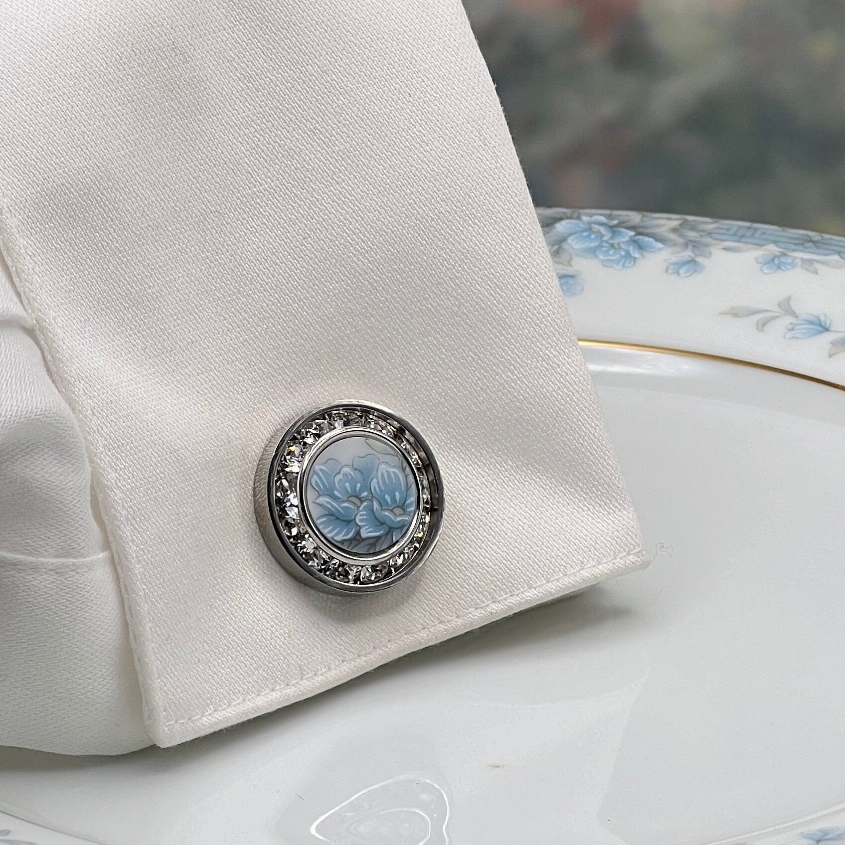 Blue Rose Wedding Cufflinks, Elegant Crystal Cuff Links, Unique Groom Jewelry for Men or Women, Vintage Broken China Jewelry, Blue Wedding