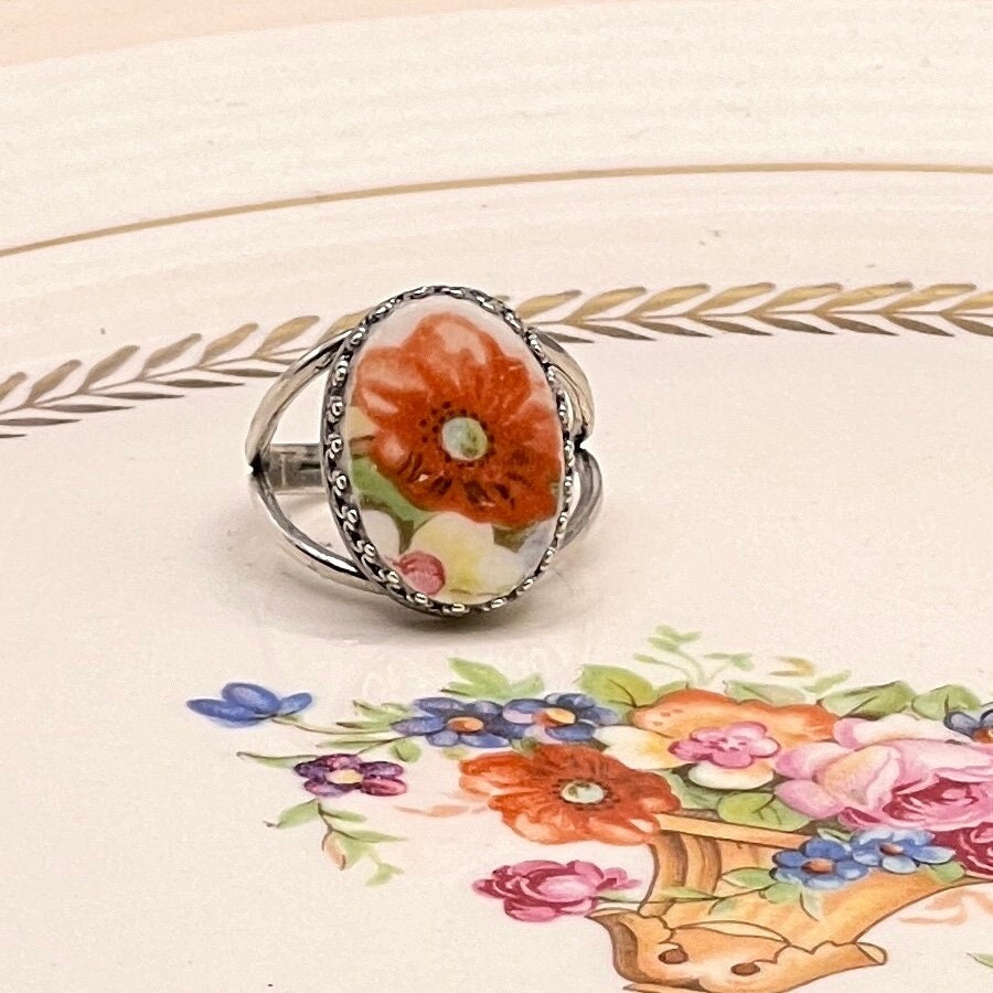 Vintage Poppy Broken China Jewelry Ring, Adjustable Sterling Silver Ring, Victorian Jewelry