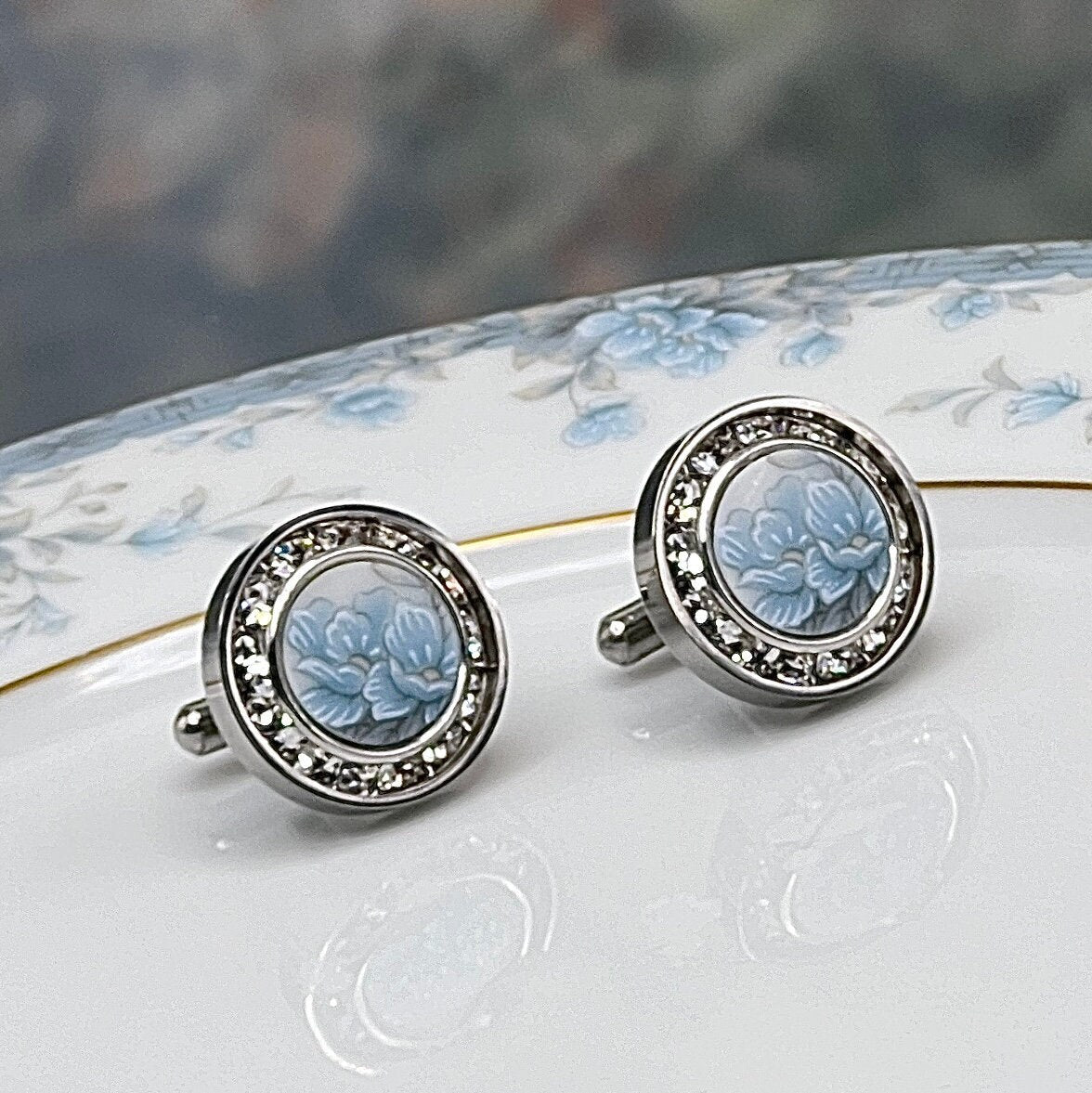 Blue Rose Wedding Cufflinks, Elegant Crystal Cuff Links, Unique Groom Jewelry for Men or Women, Vintage Broken China Jewelry, Blue Wedding