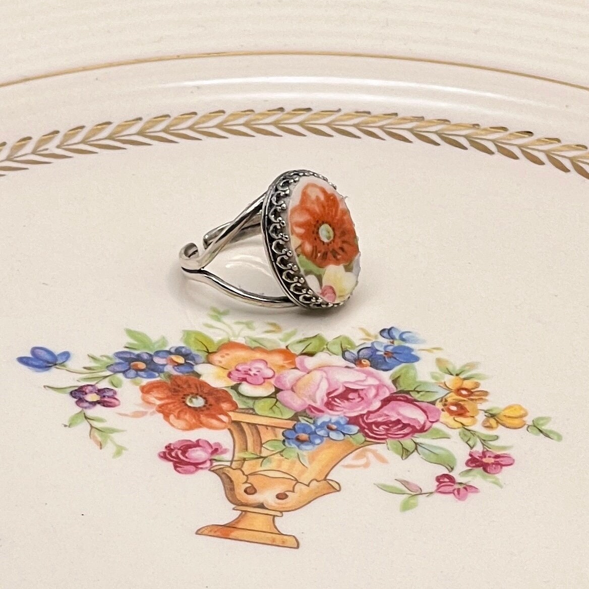 Vintage Poppy Broken China Jewelry Ring, Adjustable Sterling Silver Ring, Victorian Jewelry