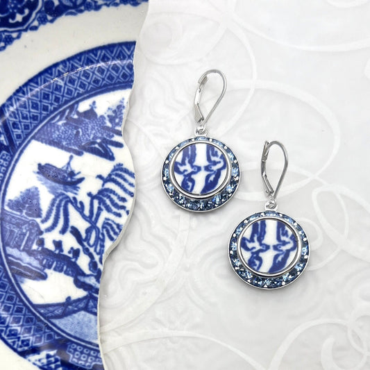 Love Birds China Earrings, Blue Willow Broken China Jewelry, 20th Wedding Anniversary Gifts for Wife