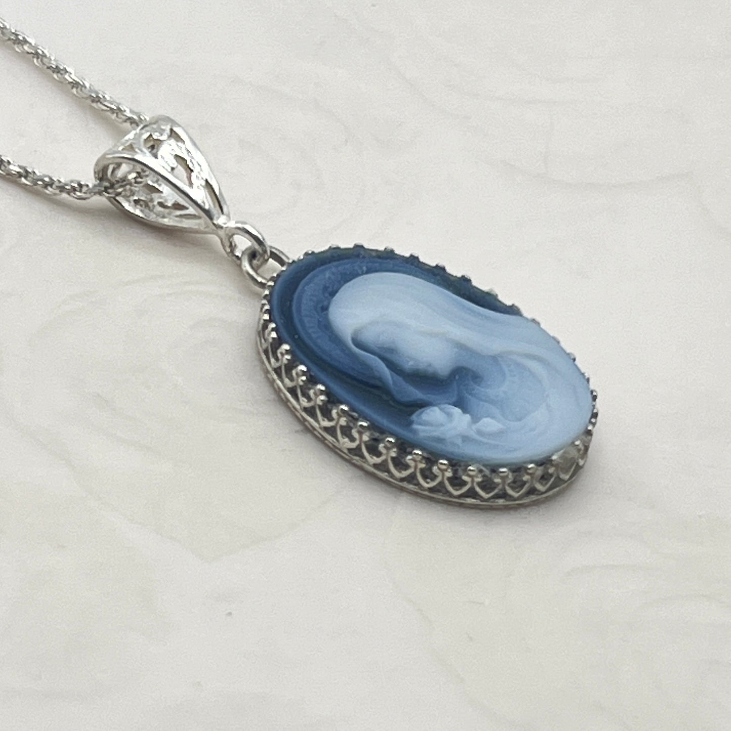 Blessed Mother Mary Blue Cameo Necklace, Religious Jewelry, Gifts for Women, Gemstone Cameo, Easter Jewelry Gifts