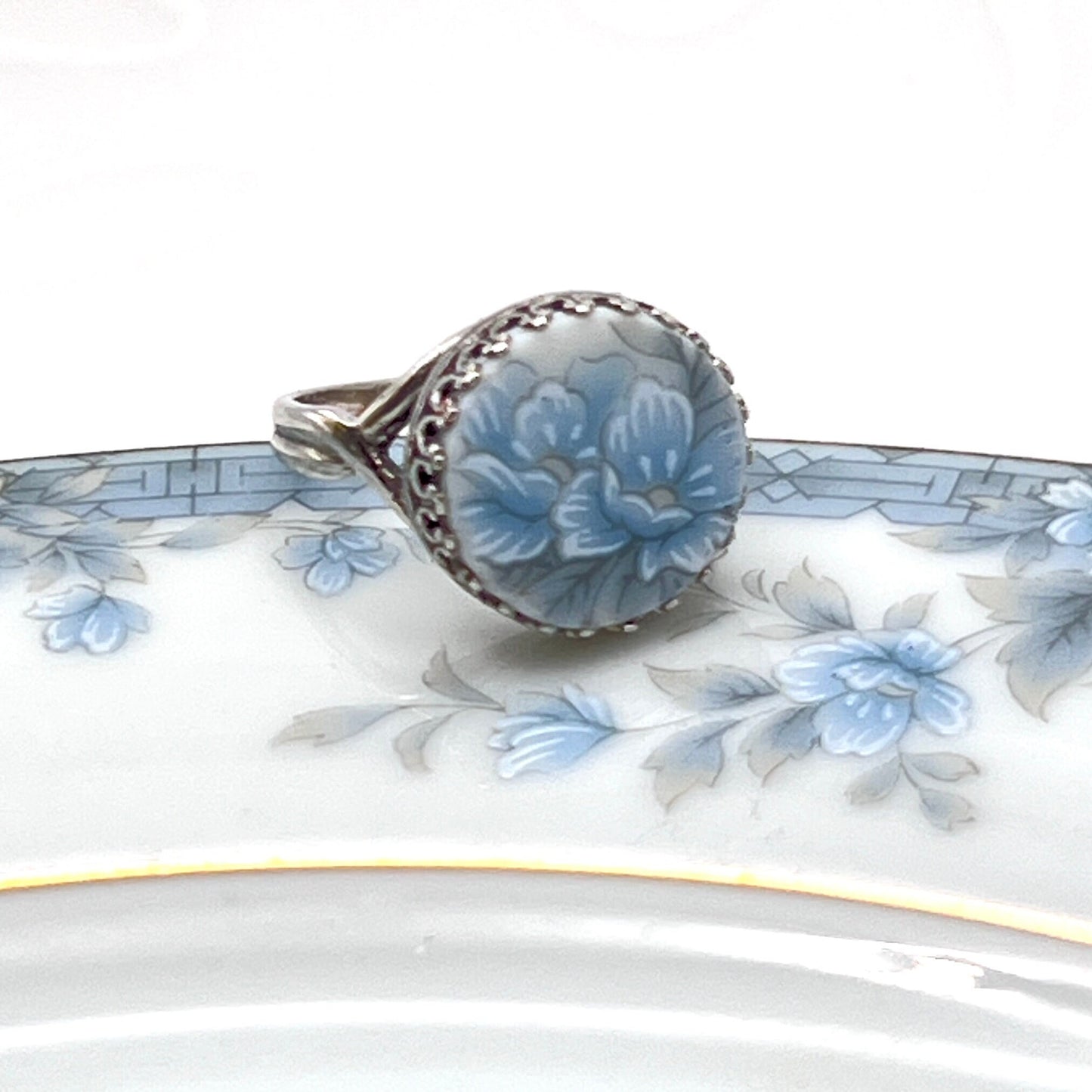 Broken China Jewelry Ring, Vintage Blue Japanese Porcelain, Gift for Her
