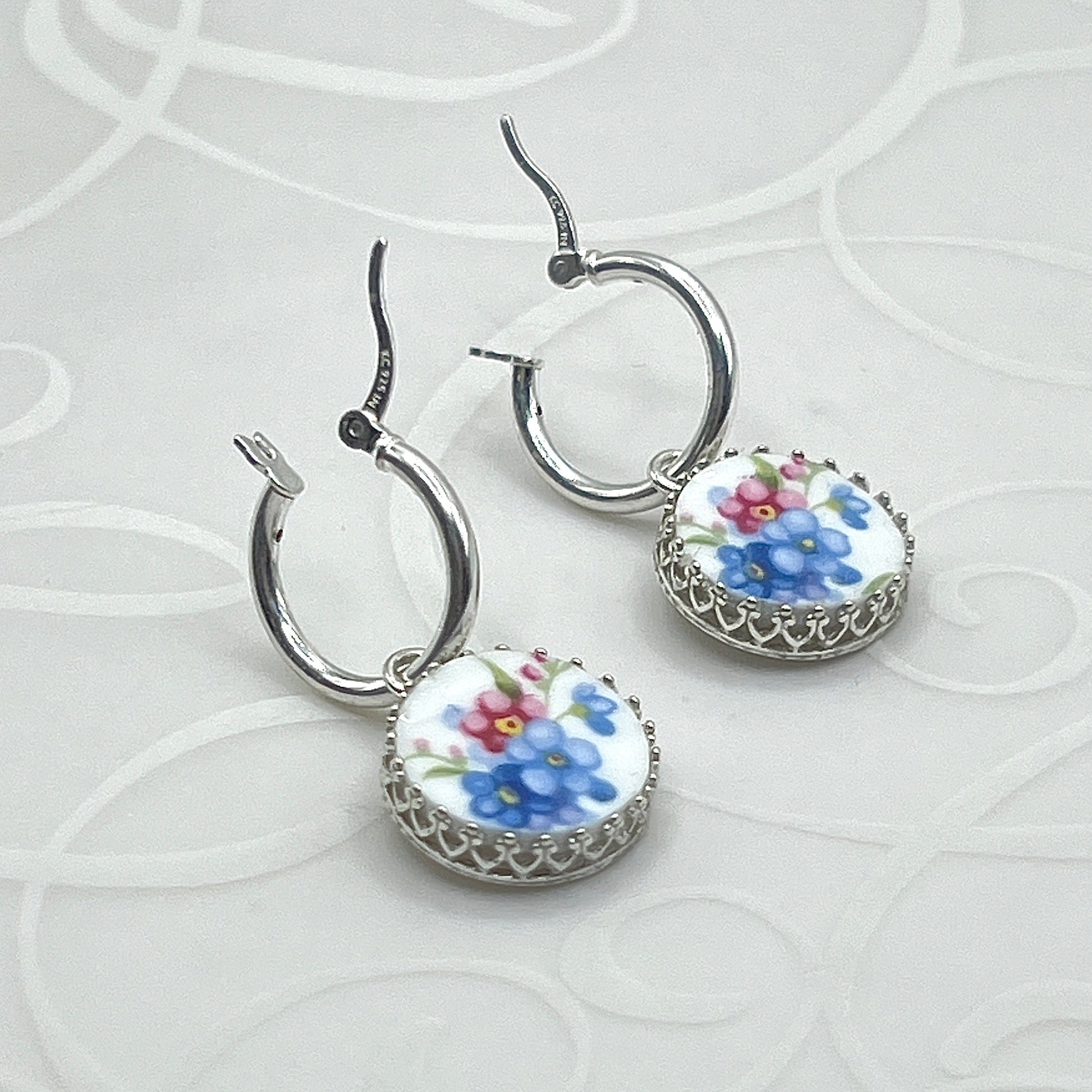 Forget Me Not Earrings, Broken China Jewelry, Sterling Silver Hoop Earrings, Unique Valentines Day Gift for Women