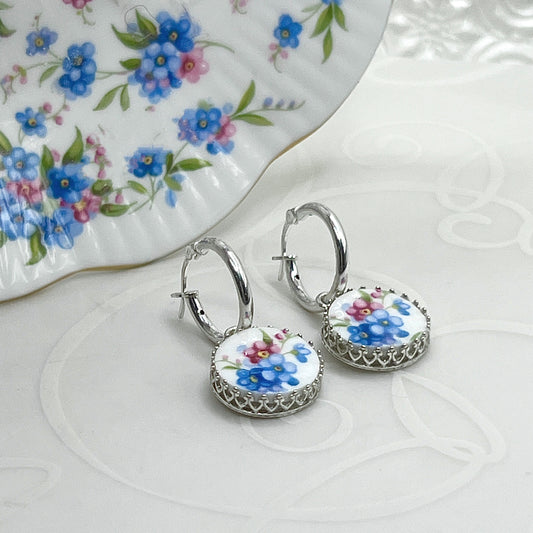 Forget Me Not Earrings, Broken China Jewelry, Sterling Silver Hoop Earrings, Unique Valentines Day Gift for Women