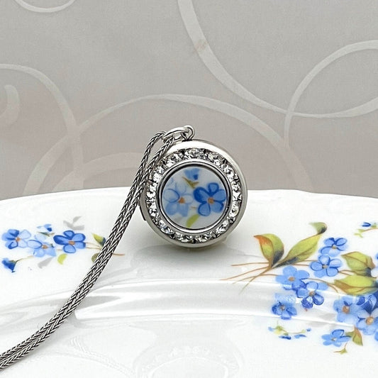 Forget Me Not Photo Locket Necklace, Valentines Day Gifts for Her, Broken China Jewelry