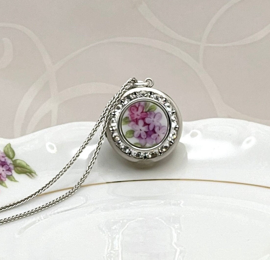 Adjustable Photo Locket Necklace, Lilac Flower, Romantic Valentines Day Gift for Girlfriend, Broken China Jewelry
