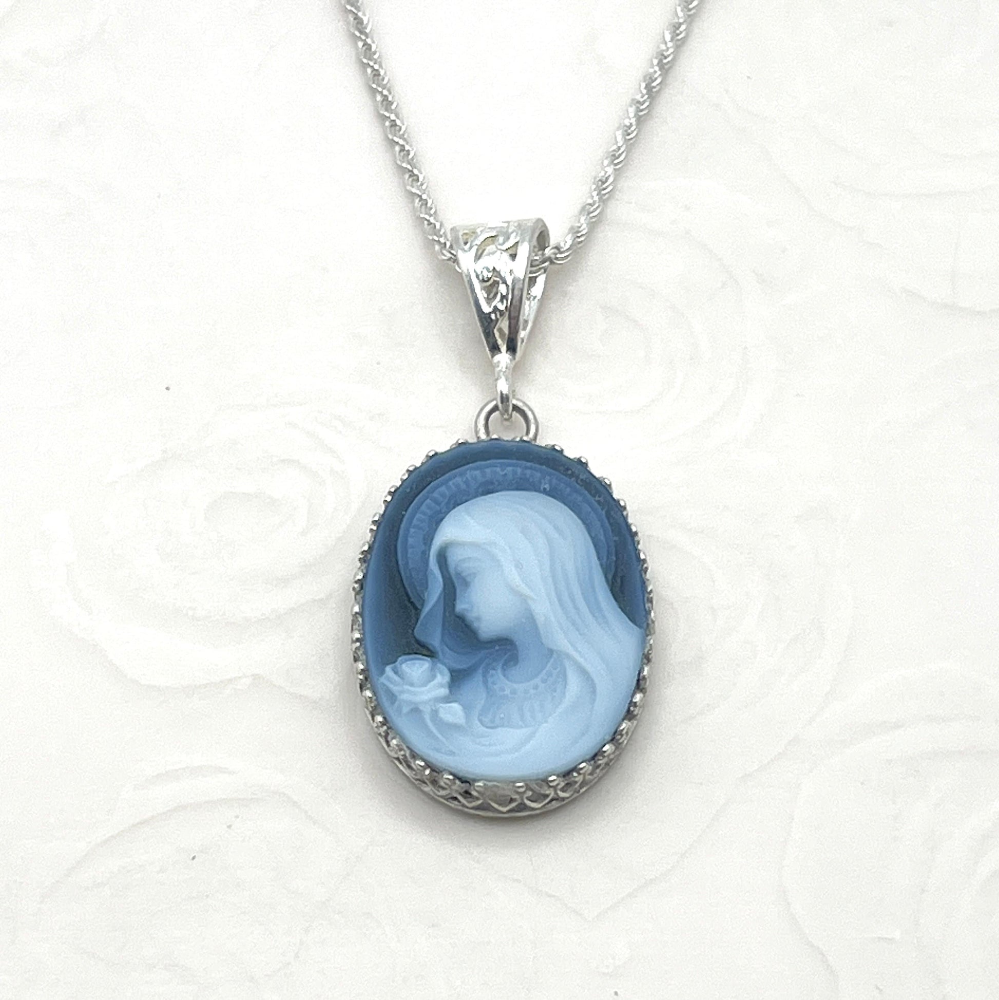 Blessed Mother Mary Blue Cameo Necklace, Religious Jewelry, Gifts for Women, Gemstone Cameo, Easter Jewelry Gifts