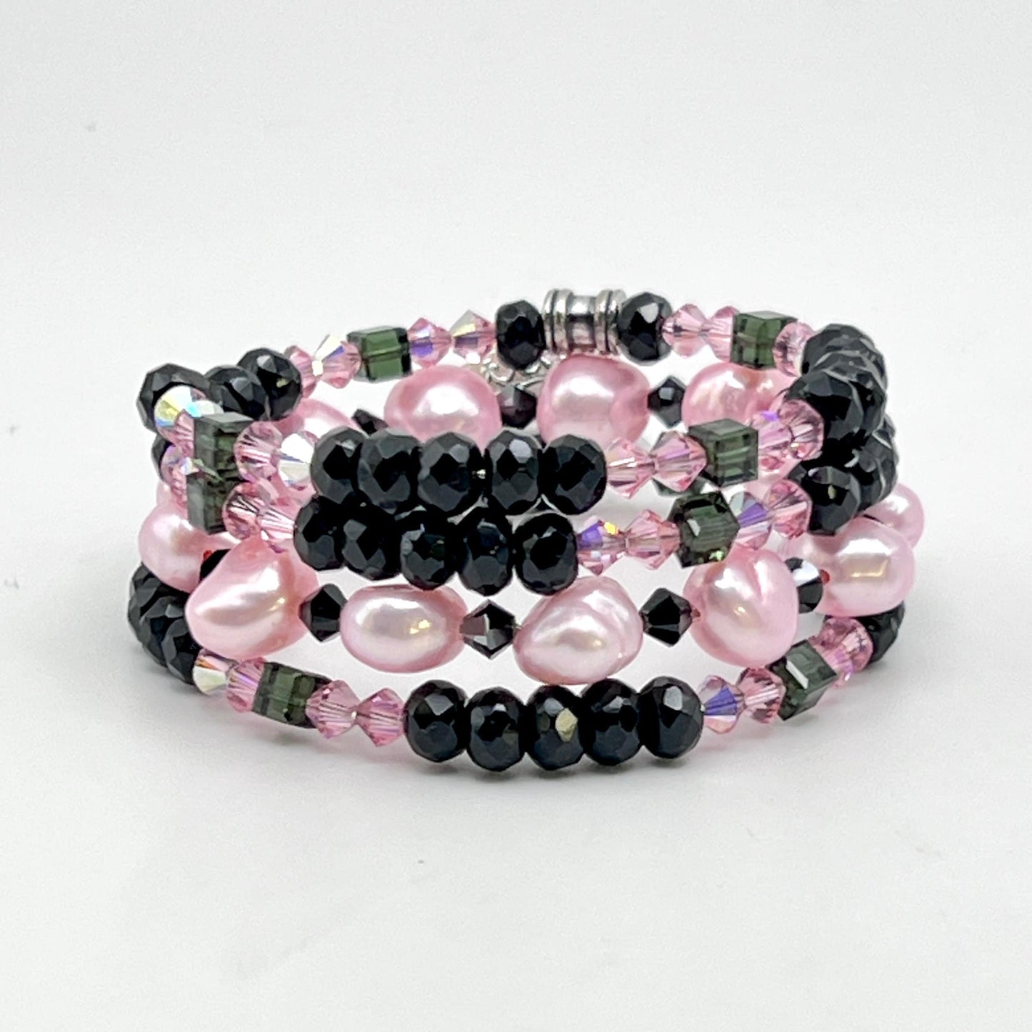 Pink Vintage Mother of Pearl Shell Bracelet, Black Onyx and Pink Pearl Jewelry, Unique Gift for Her, Coil Wrap Bracelet, Valentines Day GIft