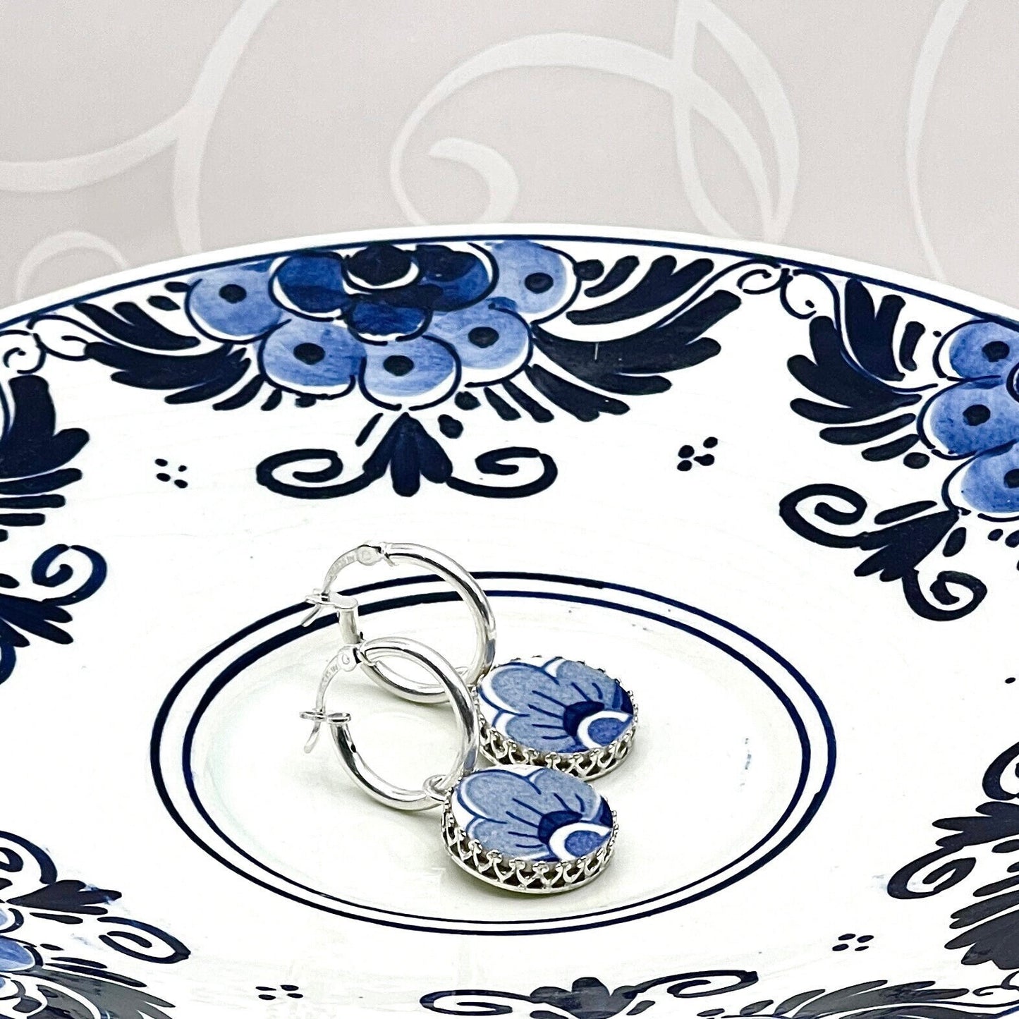 Dainty Porcelain Hoop Earrings, Unique 18th and 20th Anniversary, Gift for Wife, Blue Floral Broken China Jewelry Gifts for Women