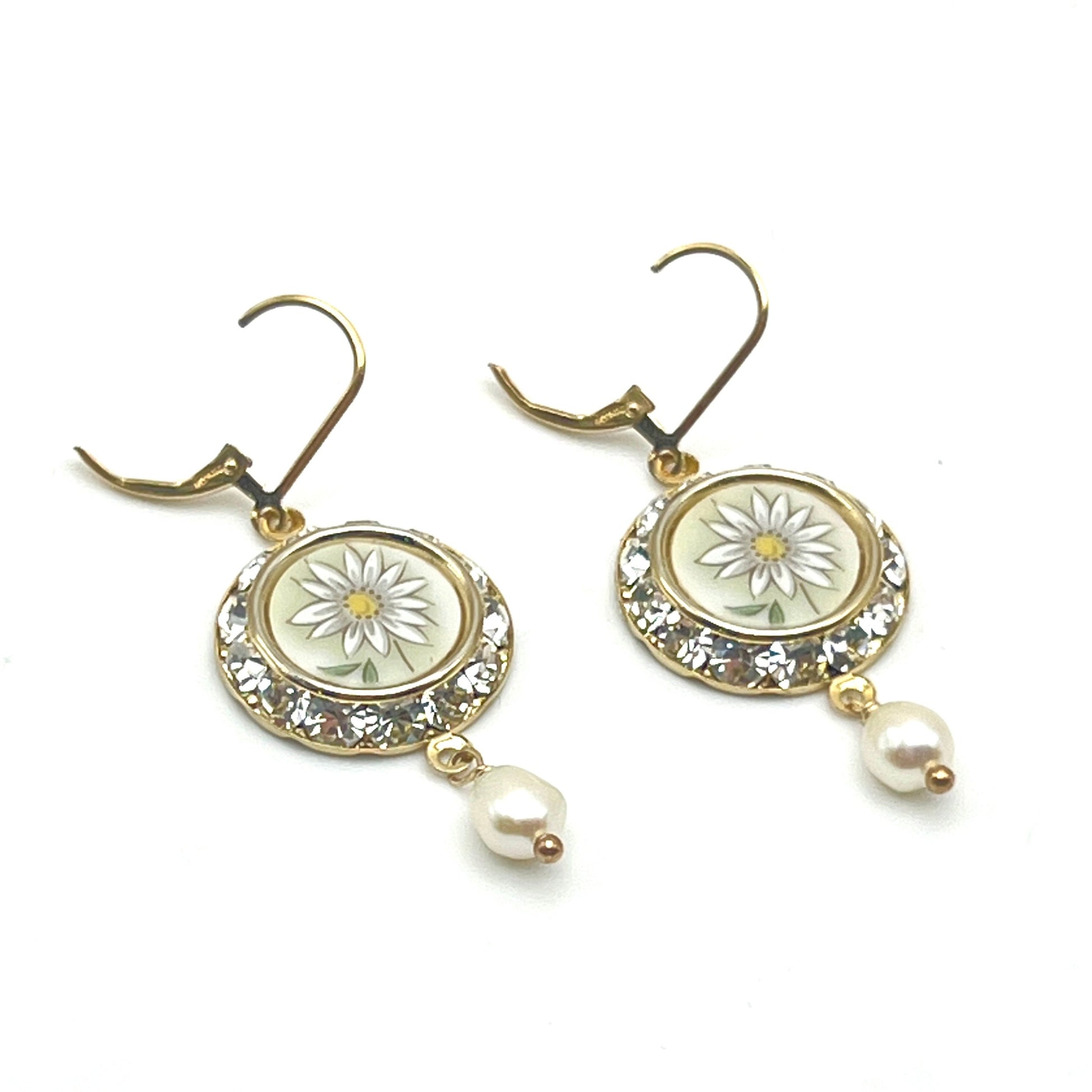 Gold Crystal Daisy Earrings, Broken China Jewelry Pearl Drop Earrings, Unique Gifts for Women