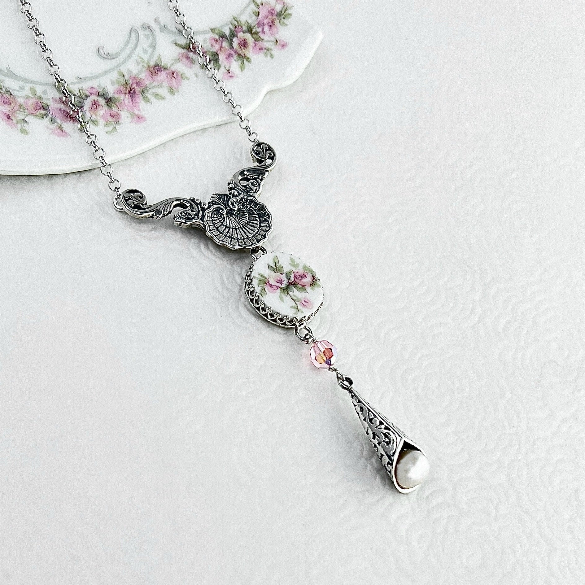 Antique French Limoges Necklace, Rose Broken China Jewelry Necklace, Unique Valentines Day Gift for Her, Pearl Drop Necklace, Victorian Gift