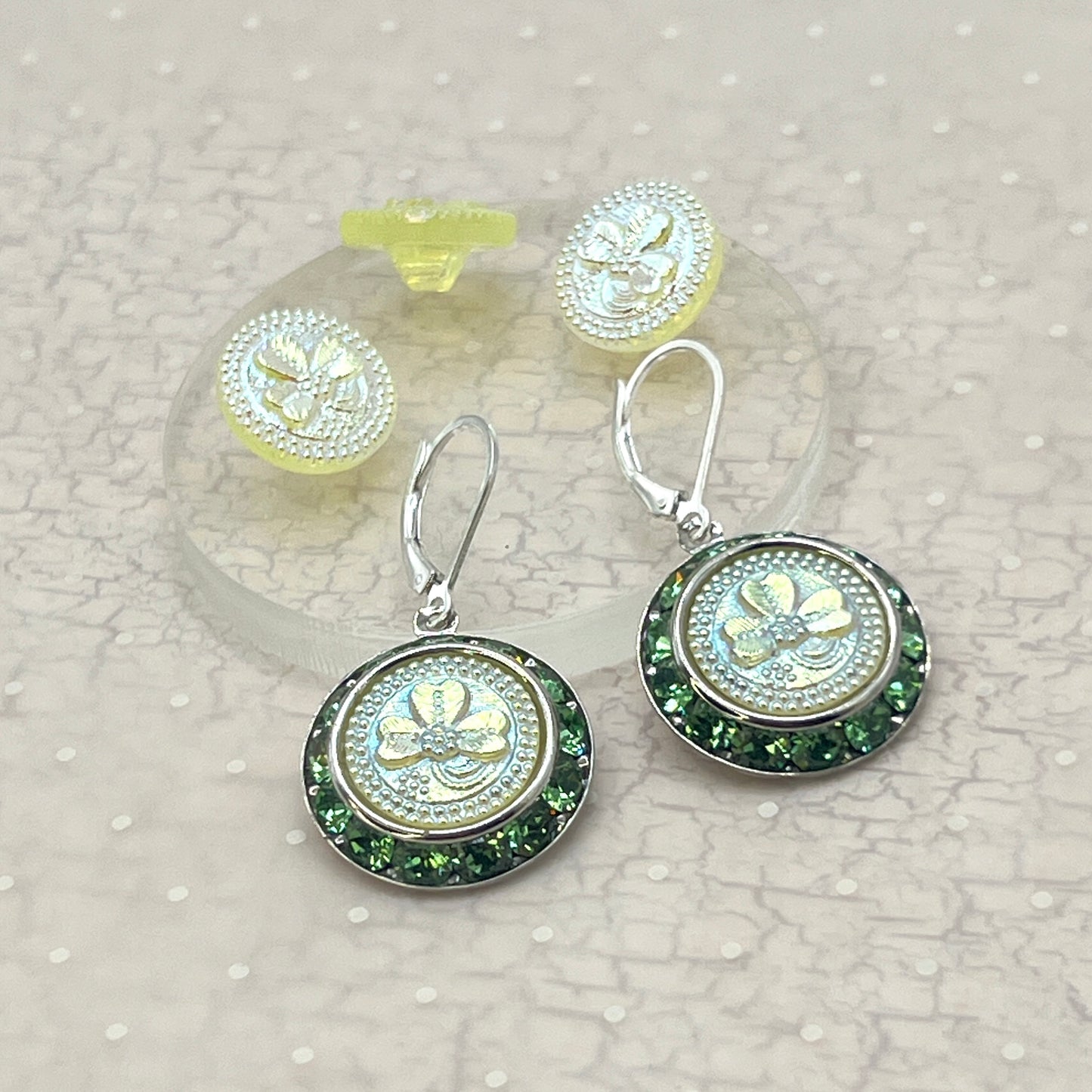 Irish Crystal Earrings, Uranium Glass Shamrock Buttons, Green St Patricks Day Jewelry, Gifts for Women