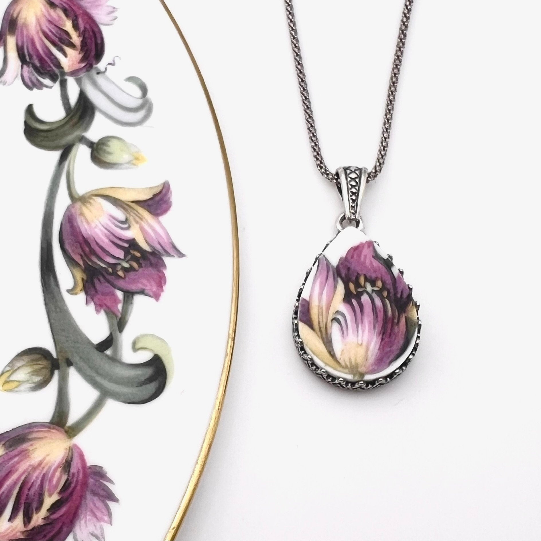 Tulip Necklace, Broken China Jewelry, Sterling Silver, Unique 20th Anniversary Gift for Wife, Vintage China Jewelry, Purple Flower Necklace