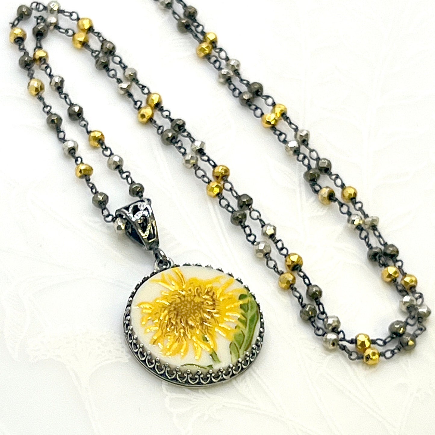 Irish Belleek China, Hand Painted Yellow Flower, Sunflower Broken China Necklace, Sterling Silver and Pyrite Jewelry, Unique Gifts for Women