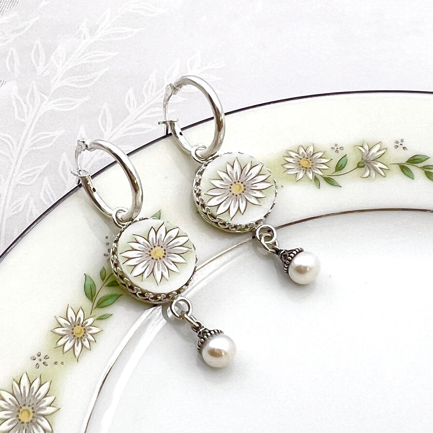 Daisy Sterling Silver Hoop Earrings, Unique 20th Anniversary Gift for Wife, Broken China Jewelry, Pearl Drop Earrings, Gifts for Women