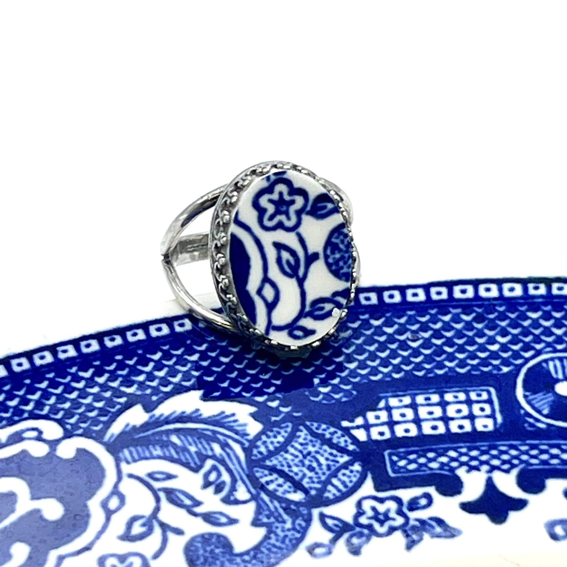 Blue Willow Broken China Jewelry Ring, Unique Gifts for Women, Adjustable Sterling Silver Ring, Blue Flower Oval China Rings