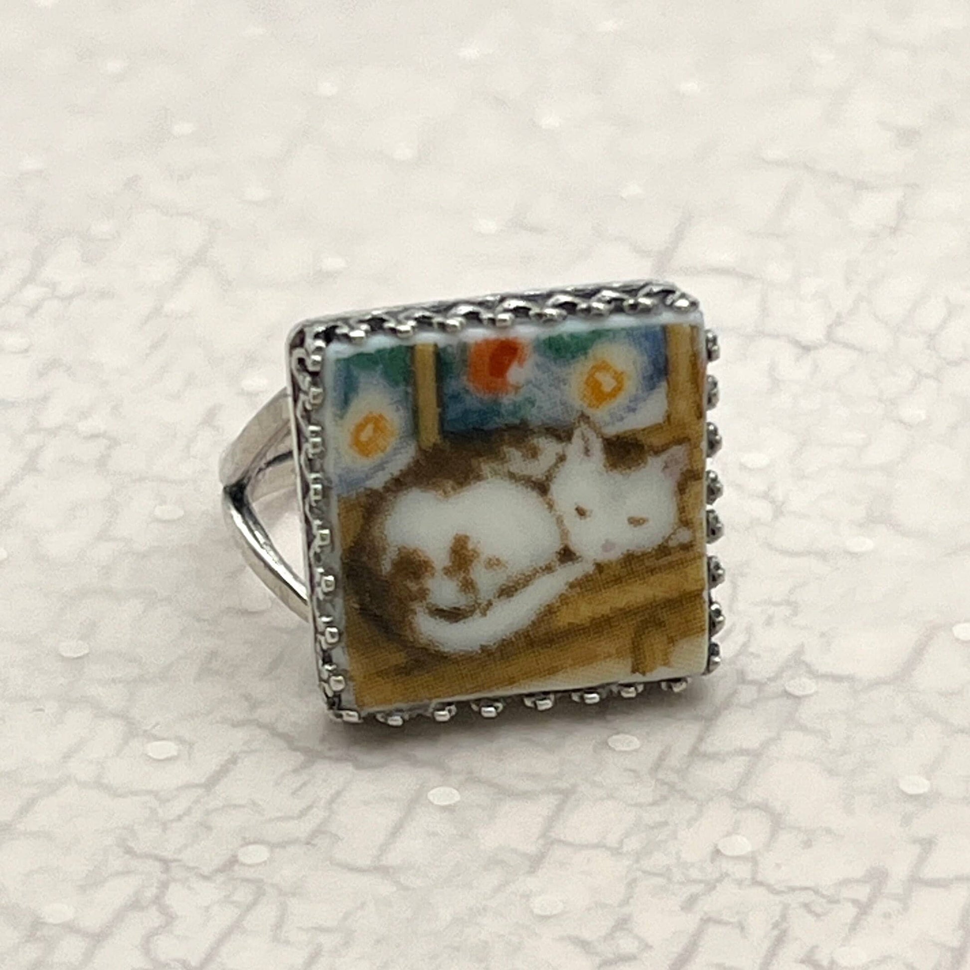 Silver Cat Ring, Napping Kitty, Broken China Jewelry Ring, Sterling Silver Rings, Unique Cat Jewelry Gifts for Women, Adjustable Ring