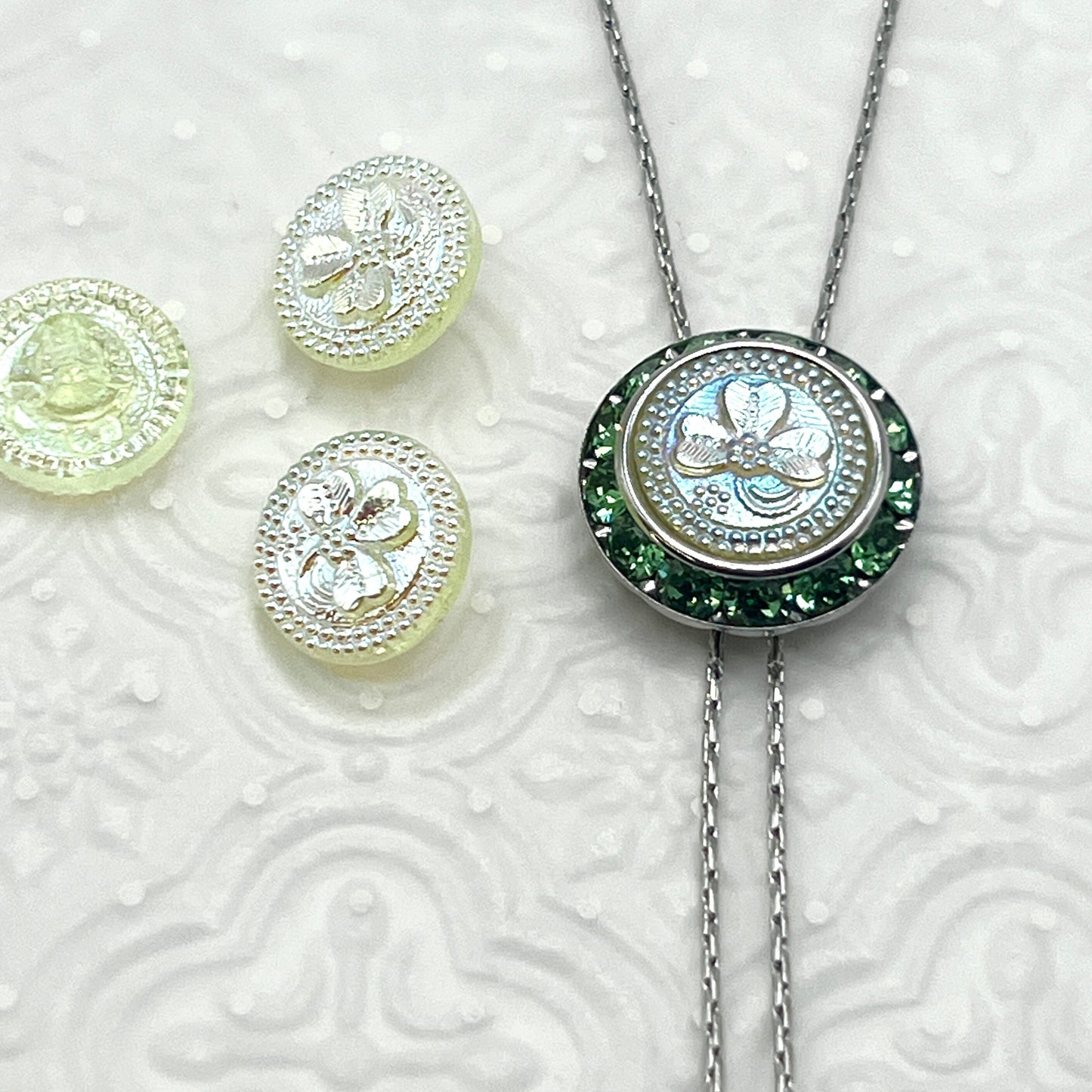 St Patricks Day Jewelry, Adjustable Irish Crystal Lariat Necklace, Uranium Glass Button