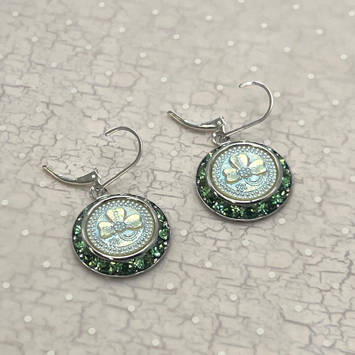 Irish Crystal Earrings, Uranium Glass Shamrock Buttons, Green St Patricks Day Jewelry, Gifts for Women