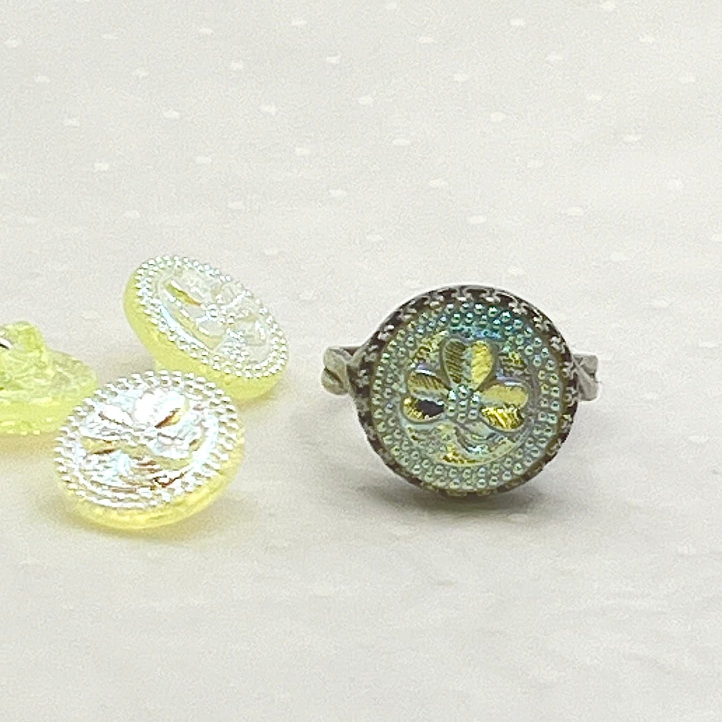 Button Jewelry, Unique Gifts for Women, Sterling Silver Adjustable Ring, St Patricks Day, Uraniam Glass